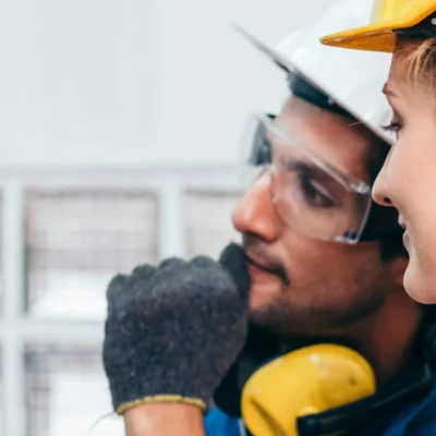 Técnicos con casco y protección auditiva en una planta industrial